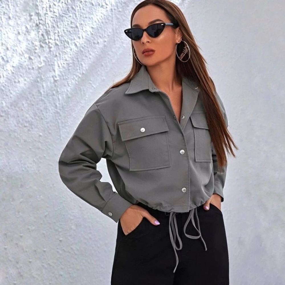Womens Cropped Jacket Drawstring Button Front Grey Size Small